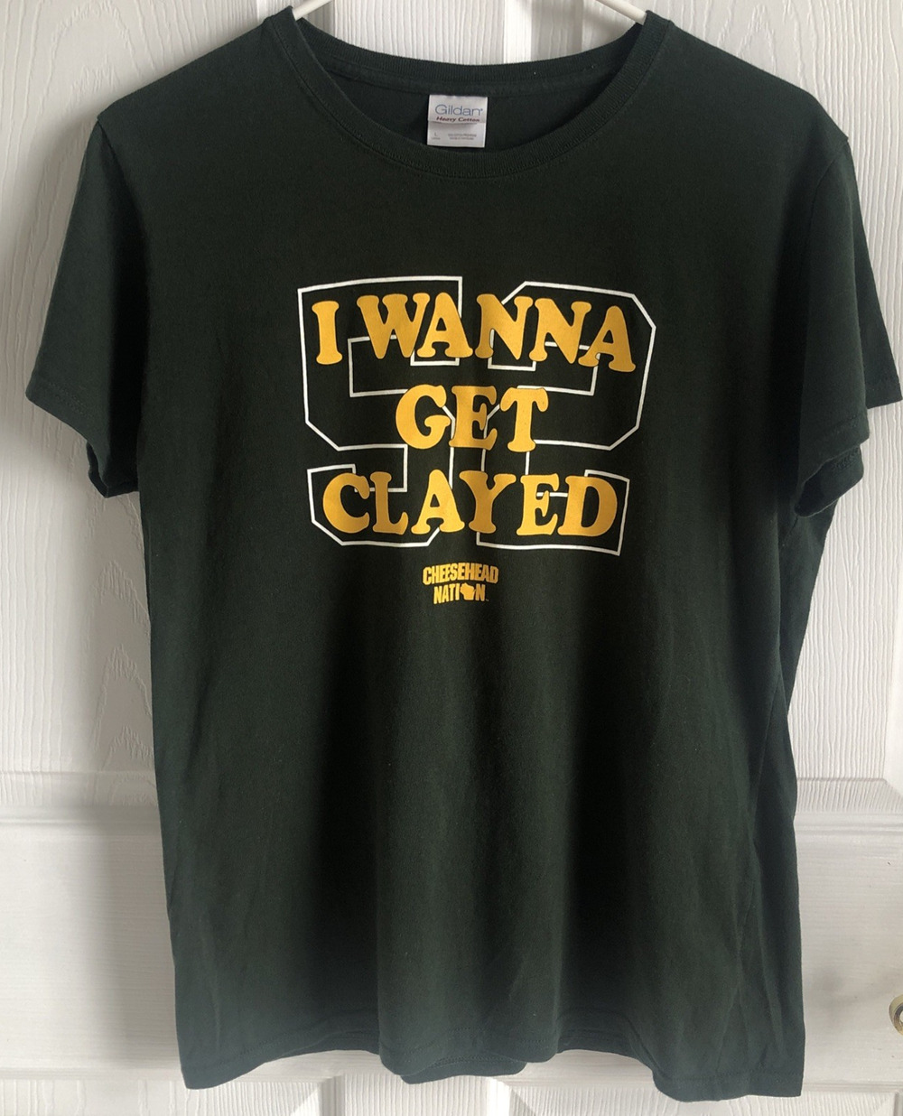 Womens Packers Cheesehead I wanna get Clayed large T-shirt 2009-2018 NFL WI #52